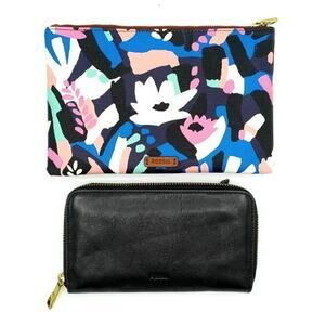 FOSSIL Wristlet + Wallet Set | Floral Pouch & Black Leather Zip Wallet | NEW EUC